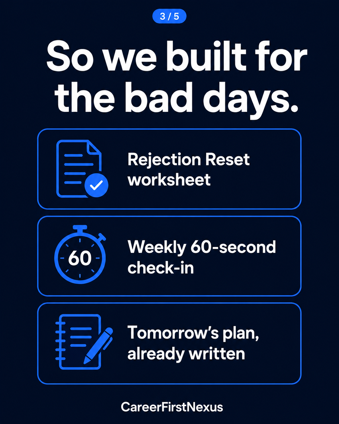 Career First Nexus tools for hard days: Rejection Reset worksheet, weekly 60-second check-in, tomorrow's plan already written.
